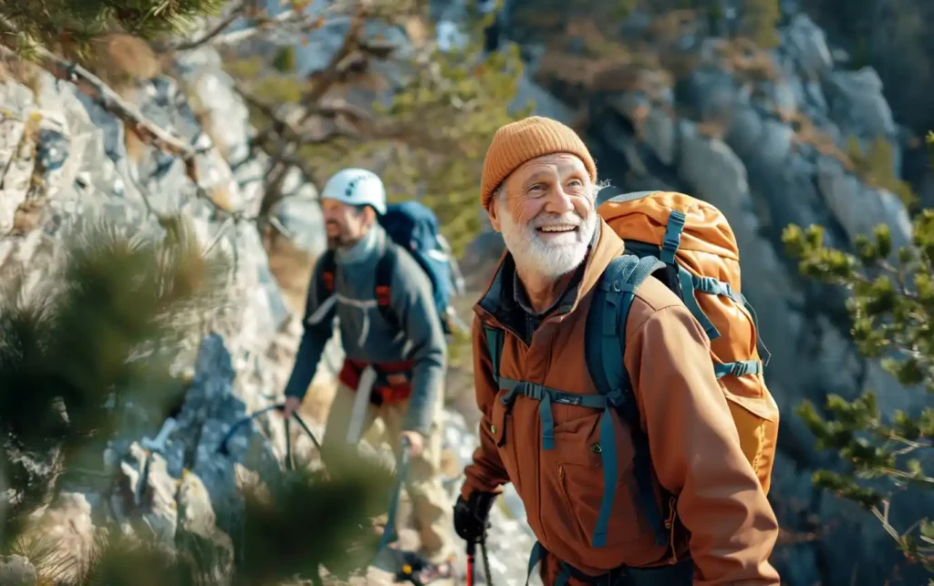 healthy active older man hiking mountain zest multivitamin